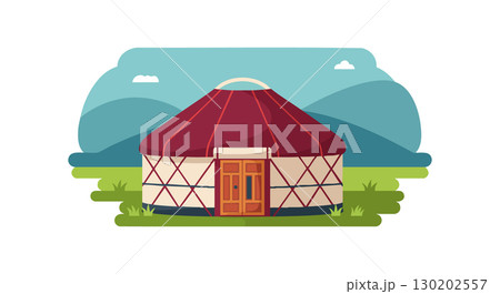 Traditional yurt with red roof and wooden door in nature landscape vector illustration Traditional yurt with red roof and wooden door in nature landscape vector illustration 130202557