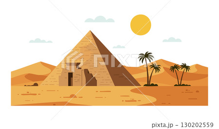 Pyramid desert landscape with palm trees and bright sun vector illustration 130202559