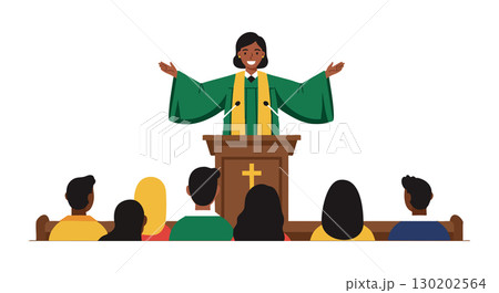 Female Pastor Speaking to Congregation in Church Pulpit Vector Illustration 130202564