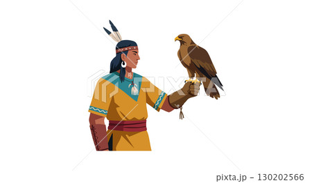 Native American man holding falcon bird wearing traditional clothing vector illustration 130202566