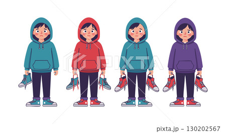 Boys in colorful hoodies holding ice skates vector illustration in winter clothing 130202567