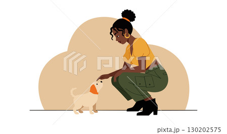Woman feeding small dog sitting outdoors in casual clothes vector illustration 130202575
