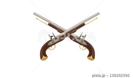 Crossed antique flintlock pistols with wooden handles and metallic barrels vector illustration 130202592