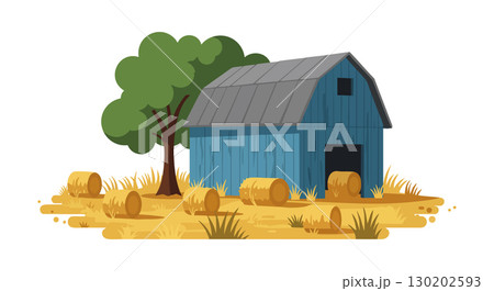Blue barn with hay bales and tree in rural farm setting vector illustration Blue barn with hay bales and tree in rural farm setting vector illustration 130202593