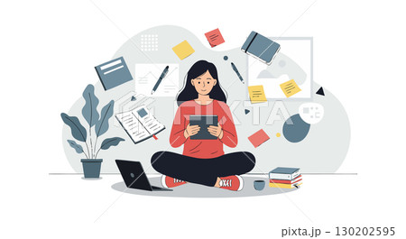 Woman sitting cross-legged playing video game with laptop and books vector illustration Woman sitting cross-legged playing video game with laptop and books vector illustration 130202595
