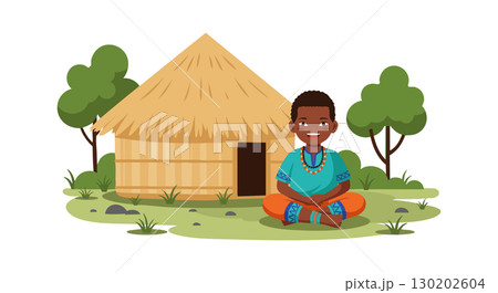 African Village Hut with Smiling Boy Sitting Cross Legged Outdoors Natural Setting African Village Hut with Smiling Boy Sitting Cross Legged Outdoors Natural Setting 130202604