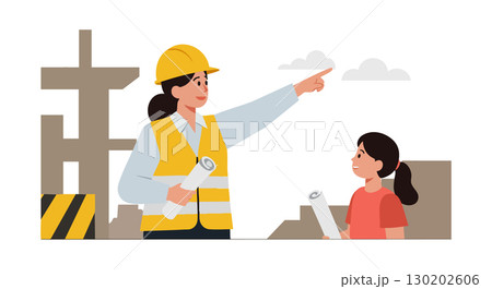 Female Architect Explaining Construction Site Plans to Child with Safety Gear and Building Background 130202606