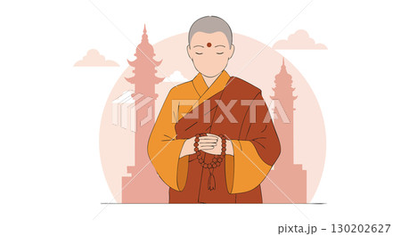 Buddhist monk in traditional robe with temple silhouette background vector illustration Buddhist monk in traditional robe with temple silhouette background vector illustration 130202627