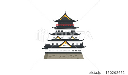 Traditional Japanese Castle with Multi-Tiered Roof and Stone Base Vector Illustration 130202631