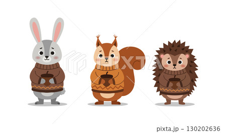 Cute woodland animals rabbit squirrel and hedgehog wearing cozy sweaters vector illustration 130202636