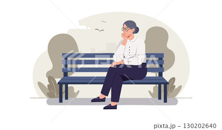 Thoughtful elderly woman sitting on bench outdoors in calm natural setting vector illustration 130202640