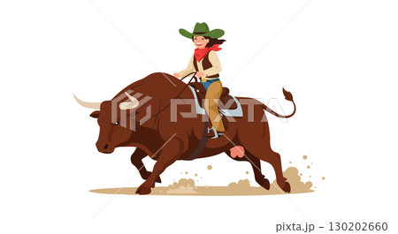 Cowboy riding brown bull in rodeo event with dust vector illustration Cowboy riding brown bull in rodeo event with dust vector illustration 130202660