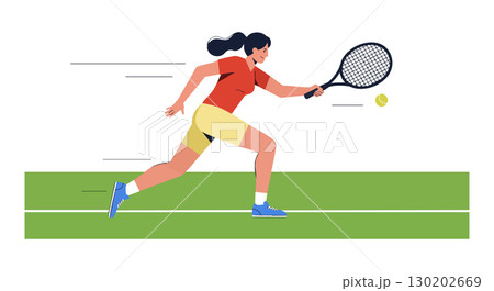 Female Tennis Player Running to Hit Ball on Court with Racket Vector Illustration 130202669