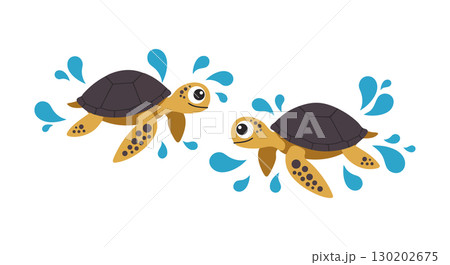 Two playful sea turtles swimming with water splashes in cartoon style vector illustration 130202675
