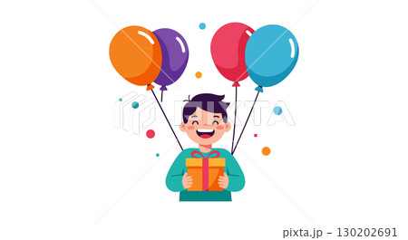 Smiling Boy Holding Gift with Colorful Balloons Celebration Birthday Illustration Smiling Boy Holding Gift with Colorful Balloons Celebration Birthday Illustration 130202691
