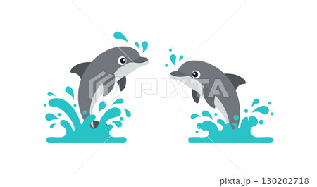 Two playful dolphins jumping through blue water splashes vector illustration Two playful dolphins jumping through blue water splashes vector illustration 130202718