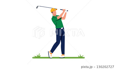 Golfer in green shirt swinging golf club on grass vector illustration 130202727