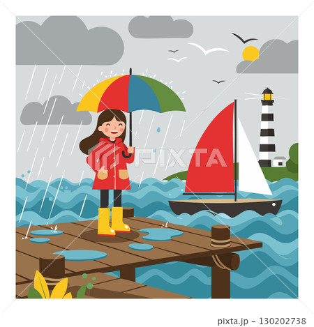 Girl standing on wooden dock with colorful umbrella and red sailboat near lighthouse in rainy weather 130202738