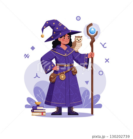 Female wizard with owl and magical staff in purple costume vector illustration 130202739