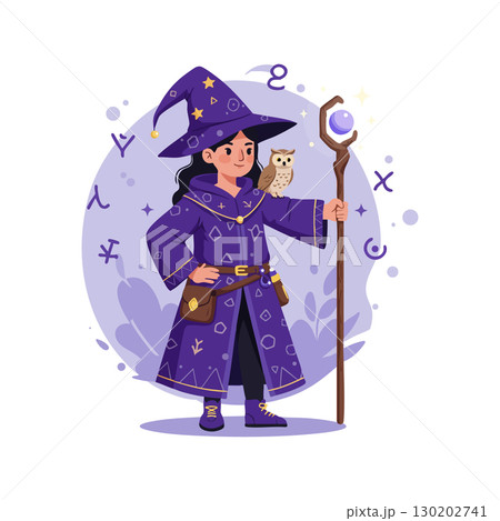 Wizard character in purple robe with magical staff and owl fantasy illustration vector 130202741