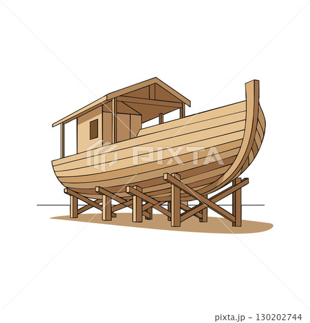 Wooden boat under construction on wooden stands vector illustration natural colors 130202744