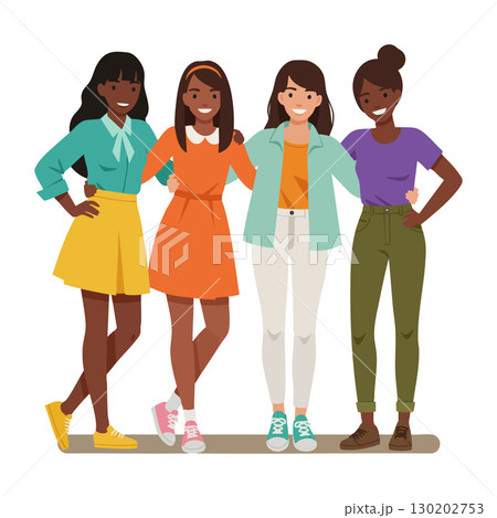 Diverse group of young women standing together smiling in casual colorful clothing vector illustration 130202753