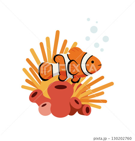 Clownfish swimming near coral reef vector illustration with bubbles and sea anemone 130202760