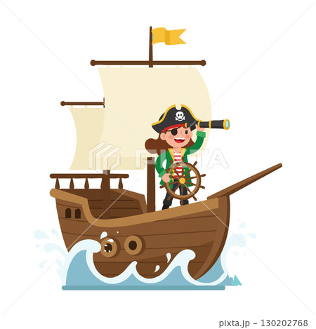 Pirate girl sailing ship with telescope and steering wheel vector illustration 130202768