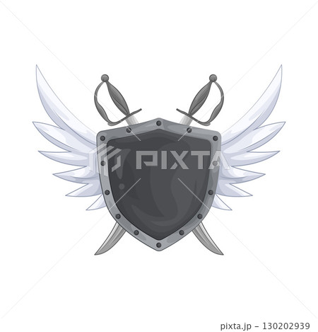 Illustration of Winged shield with crossed swords  130202939