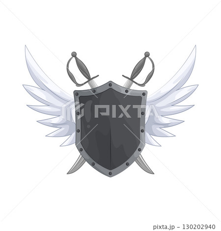 Illustration of Winged shield with crossed swords  130202940