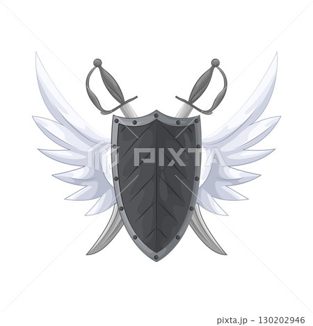 Illustration of Winged shield with crossed swords  130202946