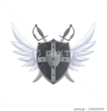 Illustration of Winged shield with crossed swords  130202947