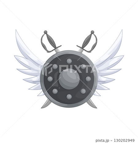 Illustration of Winged shield with crossed swords  130202949