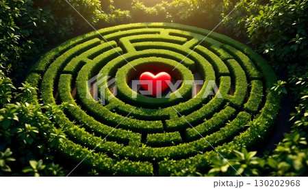 A red heart at the heart of a maze, symbolizing the challenging journey of love within a labyrinth A red heart at the heart of a maze, symbolizing the challenging journey of love within a labyrinth 130202968