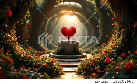 A heart-shaped stone in a rose-filled garden, representing love and affection, perfect for a Valentine's theme A heart-shaped stone in a rose-filled garden, representing love and affection, perfect for a Valentine's theme 130202969