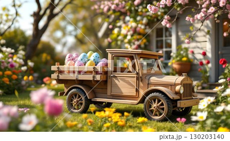 A charming wooden truck brimming with Easter eggs is parked in a field, capturing the joy of Happy Easter Day A charming wooden truck brimming with Easter eggs is parked in a field, capturing the joy of Happy Easter Day 130203140