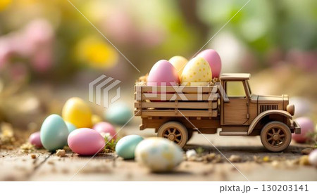 Colorful Easter eggs in a wooden truck surrounded by vibrant flowers, celebrating a joyful Easter day Colorful Easter eggs in a wooden truck surrounded by vibrant flowers, celebrating a joyful Easter day 130203141