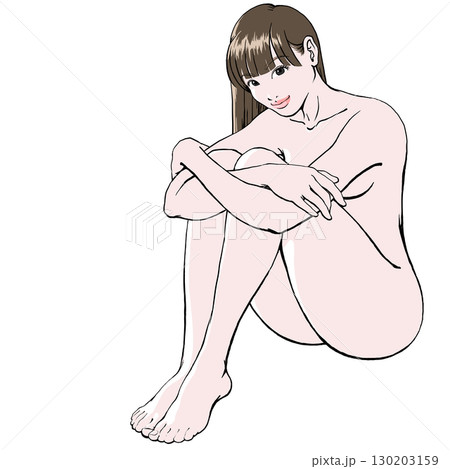 微笑を浮かべた体育座りの若い女性_裸_影無し_ロングヘア 微笑を浮かべた体育座りの若い女性_裸_影無し_ロングヘア 130203159