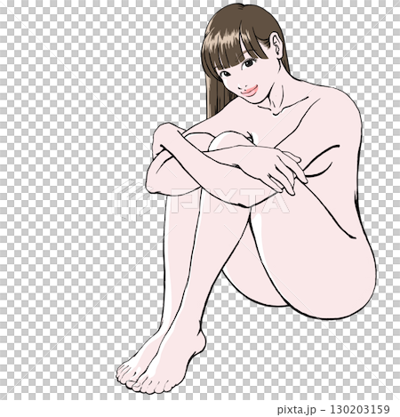 微笑を浮かべた体育座りの若い女性_裸_影無し_ロングヘア 微笑を浮かべた体育座りの若い女性_裸_影無し_ロングヘア 130203159