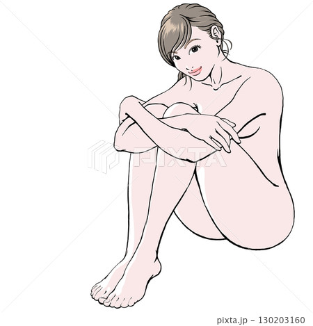 微笑を浮かべた体育座りの若い女性_裸_影無し 130203160