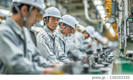 工場で働く真剣な作業員たち 130203320
