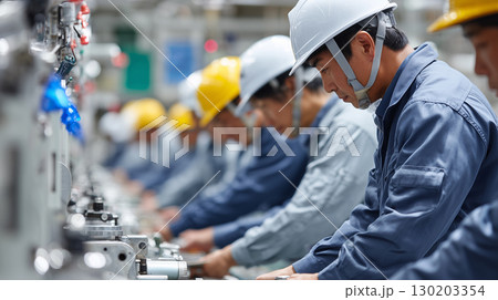工場で働く真剣な作業員たち 130203354
