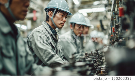 工場で働く真剣な作業員たち 130203355