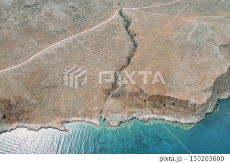 Dirt road to Balos lagoon in the west of Crete bay known for turquoise waters and white pink sand protected area 130203600