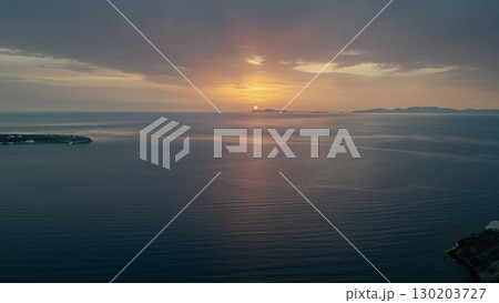 Incredible sunset over Santorini Greece, drone view 130203727