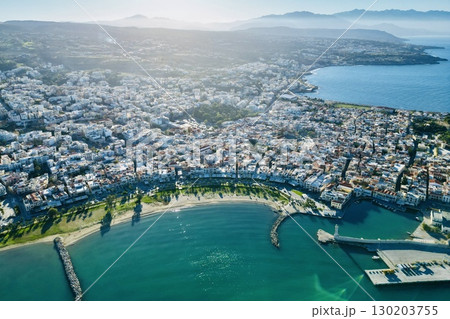 Aerial view of the charming town of Rethymno and the beautiful sea in Crete 130203755