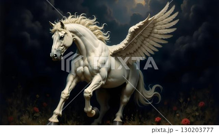 A white pegasus with splendid wings is displayed against a dark background, symbolizing fantasy and awe 130203777