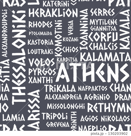 Seamless Greek Travel Cities Pattern with Antique Font, patriotic design of souvenir products 130203902