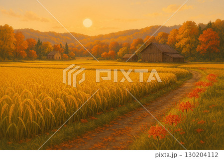 夕日に染まる田園風景 130204112