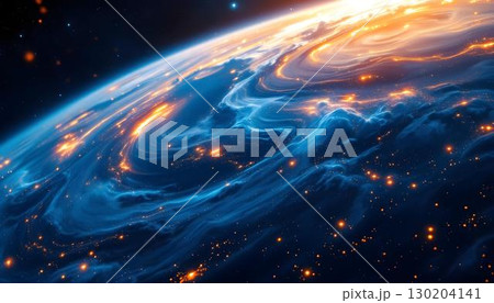 Earth photographed from space, glowing under a radiant sun, contrasted against the profound blackness of the cosmos 130204141